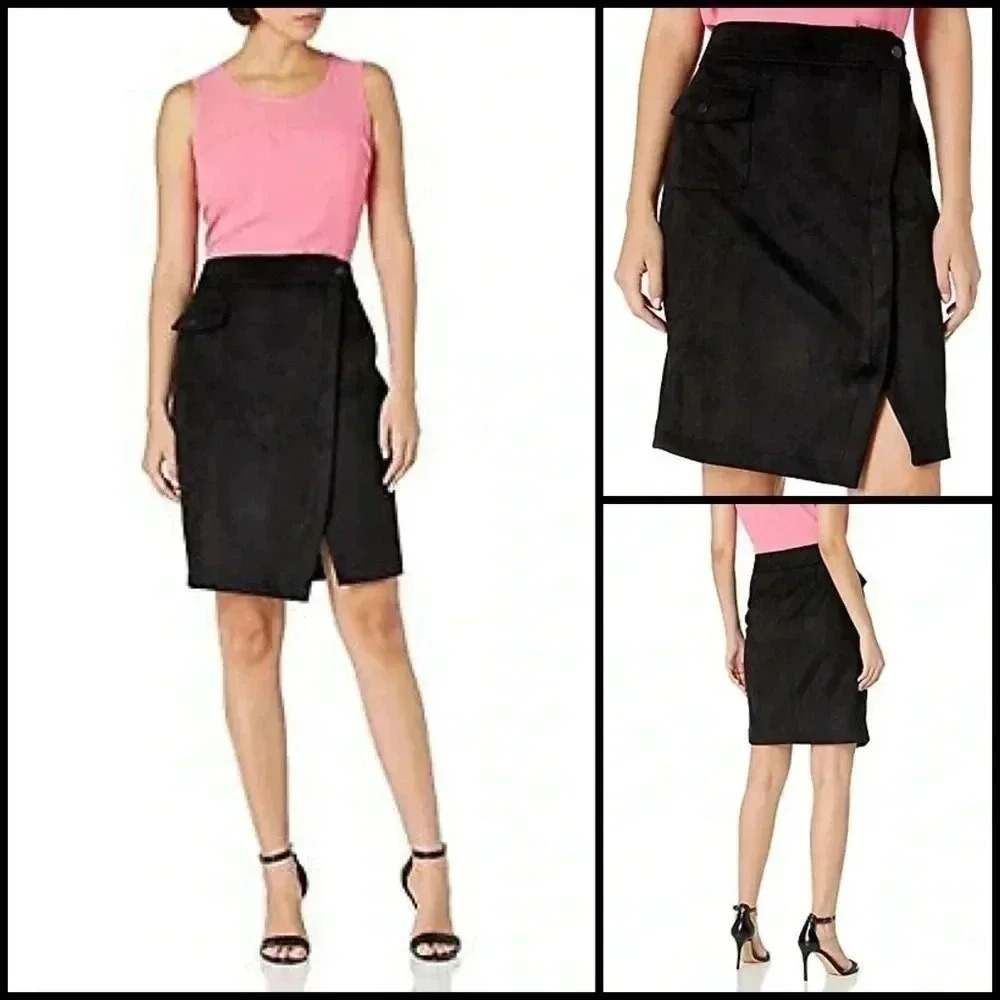 New! Anne Klein Black Scuba Cargo Suede Split Front Professional Skirt Size 16